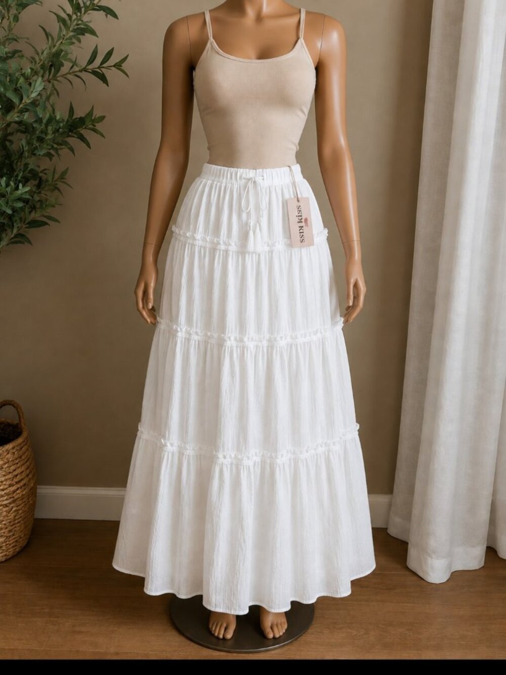 Sugar Kiss White Tiered  Romantic Women Maxi Skirt Size Large Boho Cottagecore.